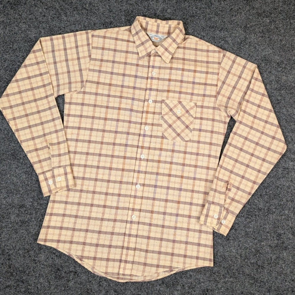 Vintage Levis Plaid Button Down Shirt Tan Brown Long Sleeve White Tab Mens M